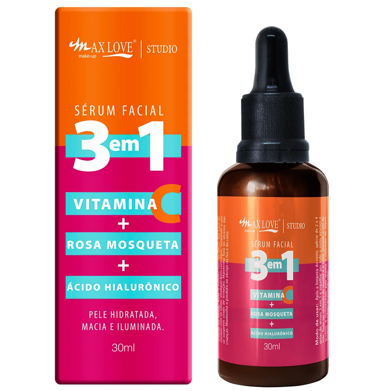 Sérum Facial  3 em 1 com Vitamina C + Ácido Hialurónico + Rosa Mosquito 30ml - Max Love. Opção de 1 ou 3 unidades.