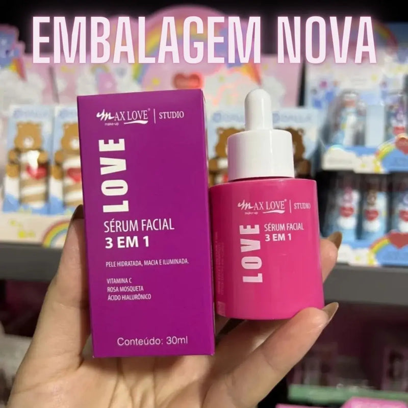 Sérum Facial  3 em 1 com Vitamina C + Ácido Hialurónico + Rosa Mosquito 30ml - Max Love. Opção de 1 ou 3 unidades.