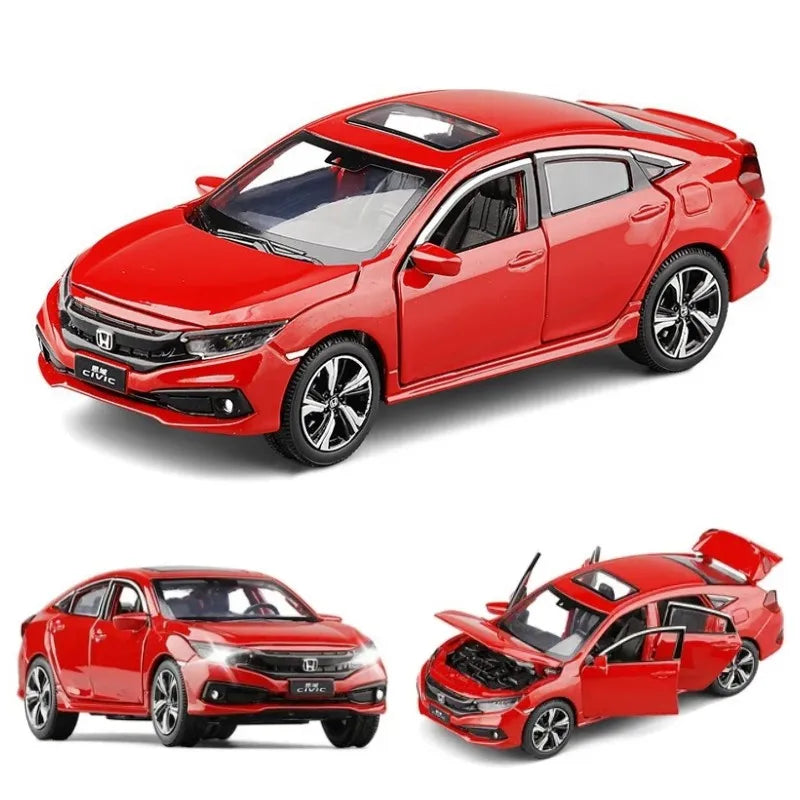 Carro de brinquedo honda civic tipo R, modelo em miniatura fundido para crianças, portas traseiras que podem ser abertas, farol luminoso.