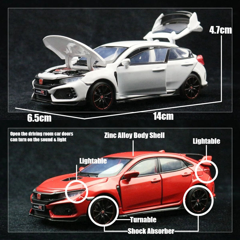 Carro de brinquedo honda civic tipo R, modelo em miniatura fundido para crianças, portas traseiras que podem ser abertas, farol luminoso.