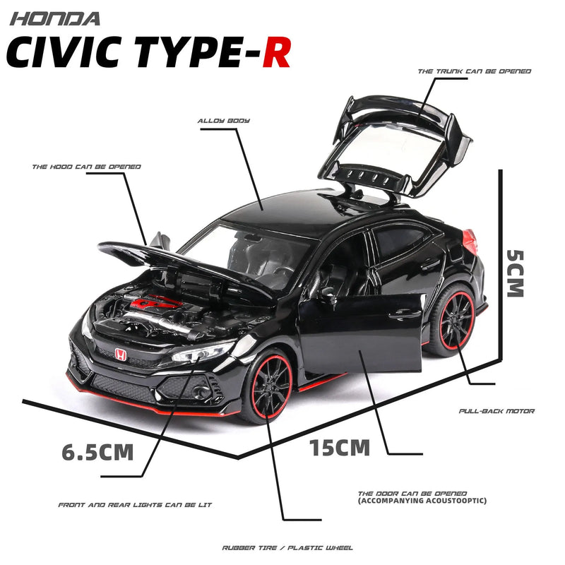 Carro de brinquedo honda civic tipo R, modelo em miniatura fundido para crianças, portas traseiras que podem ser abertas, farol luminoso.